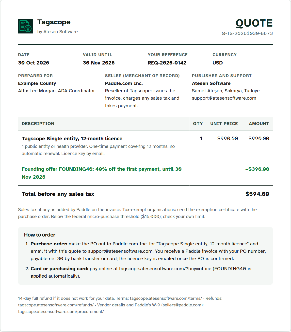 A Tagscope quote for a made-up organisation: the plan, the founding price, Paddle.com Inc. as seller and the purchase order instructions.